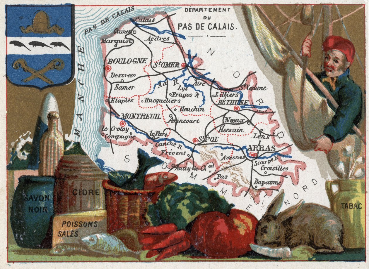 Pas de Calais (62), Nord Pas de Calais (Nord-Pas-De-Calais), Ranska. Paikallisia erikoisuuksia: musta saippua, likainen kala, siideri ja tupakka. Sarja Ranskan departementeista. Kromolitografia (Chromo) "" maantieteellinen lanka"", noin 1920. Yksityinen ko tekijältä French School