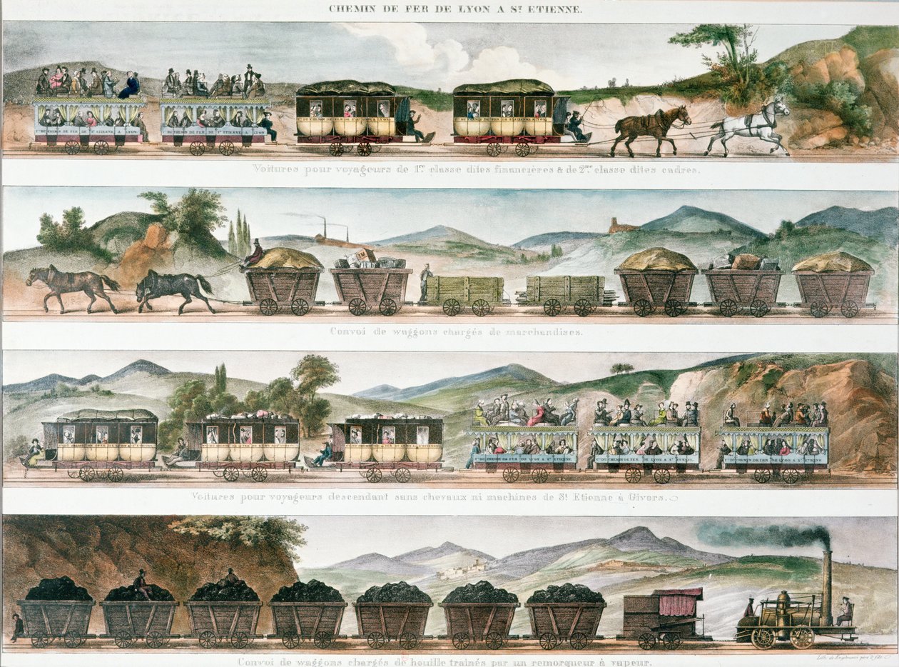 Matkustajat ja rahti ensimmäisellä Ranskan linjalla, joka avattiin Lyonin ja St. Etiennen välillä, 1829 (väri litho) tekijältä French School