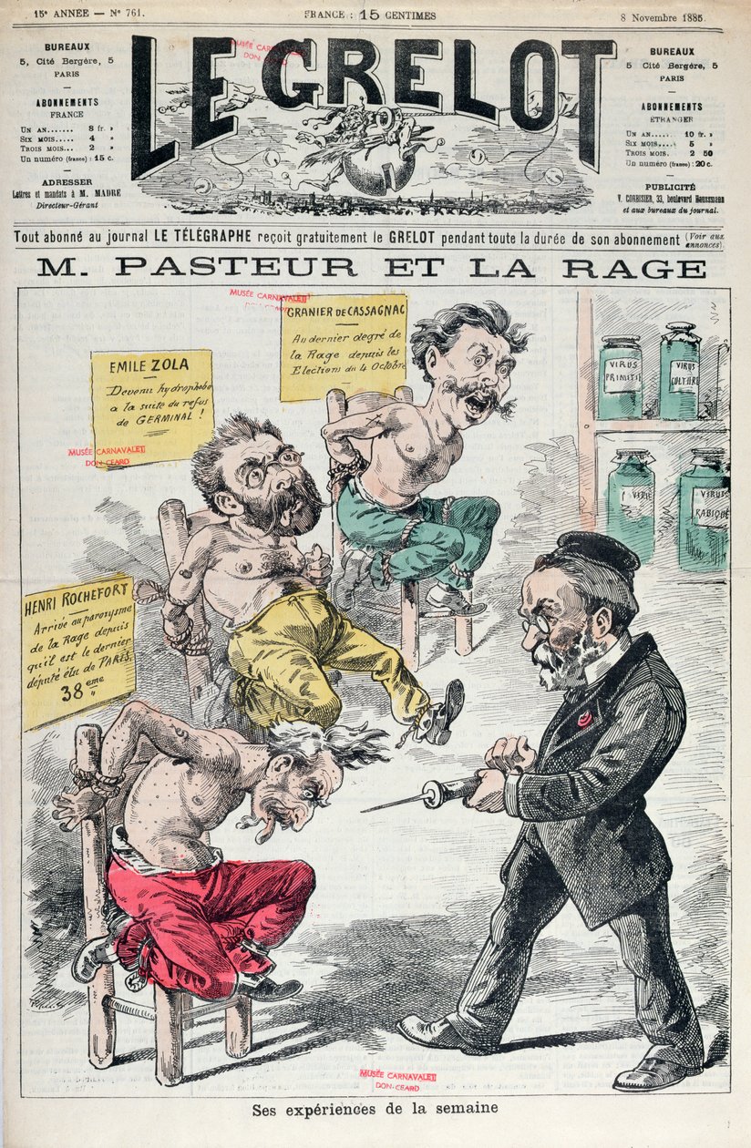Pasteur ja Rabies, karikatyyri Louis Pasteurin (1822-95) kokeista Le Grelotista, 8. marraskuuta 1885 tekijältä French School