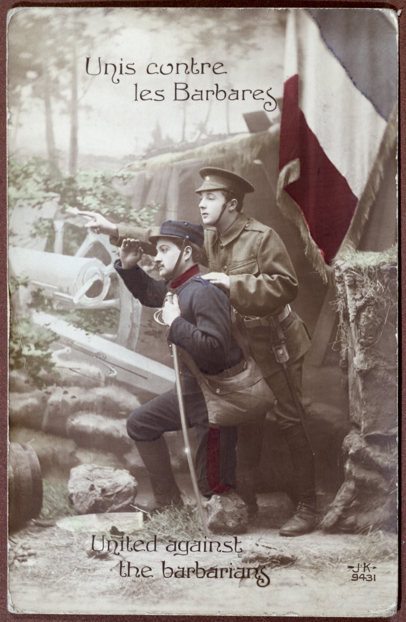 Isänmaallinen postikortti ensimmäisestä maailmansodasta, jossa ranskalainen ja englantilainen sotilas yhdessä, n. 1915 tekijältä French School