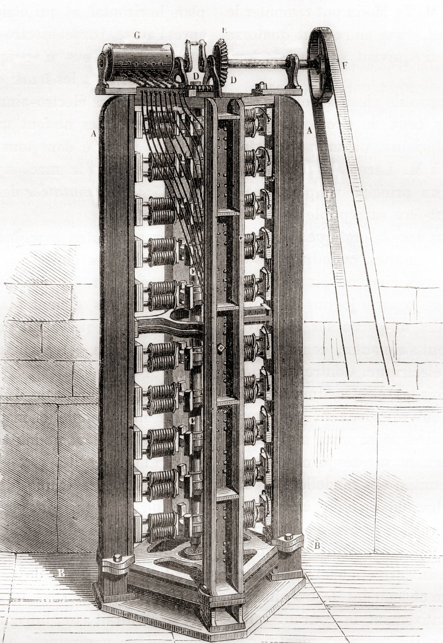 Paul-Gustave Fromentin pystysuora sähkömoottori, n. 1844, Les Merveilles de la Science, julkaistu n. 1870 (kaiverrus) tekijältä French School