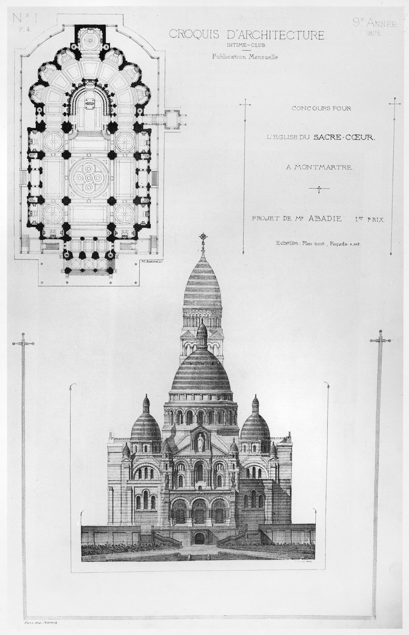 Paul Abadies voitti suunnittelukilpailun Sacré-Coeurin suunnittelukilpailussa Montmartressa, Croquis dArchitecturesta, 1875 tekijältä French School