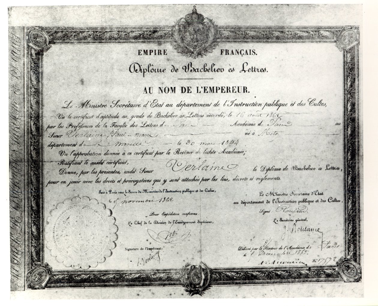 Paul Verlaines Baccalaureat, 1862 (kynä ja muste paperille) tekijältä French School