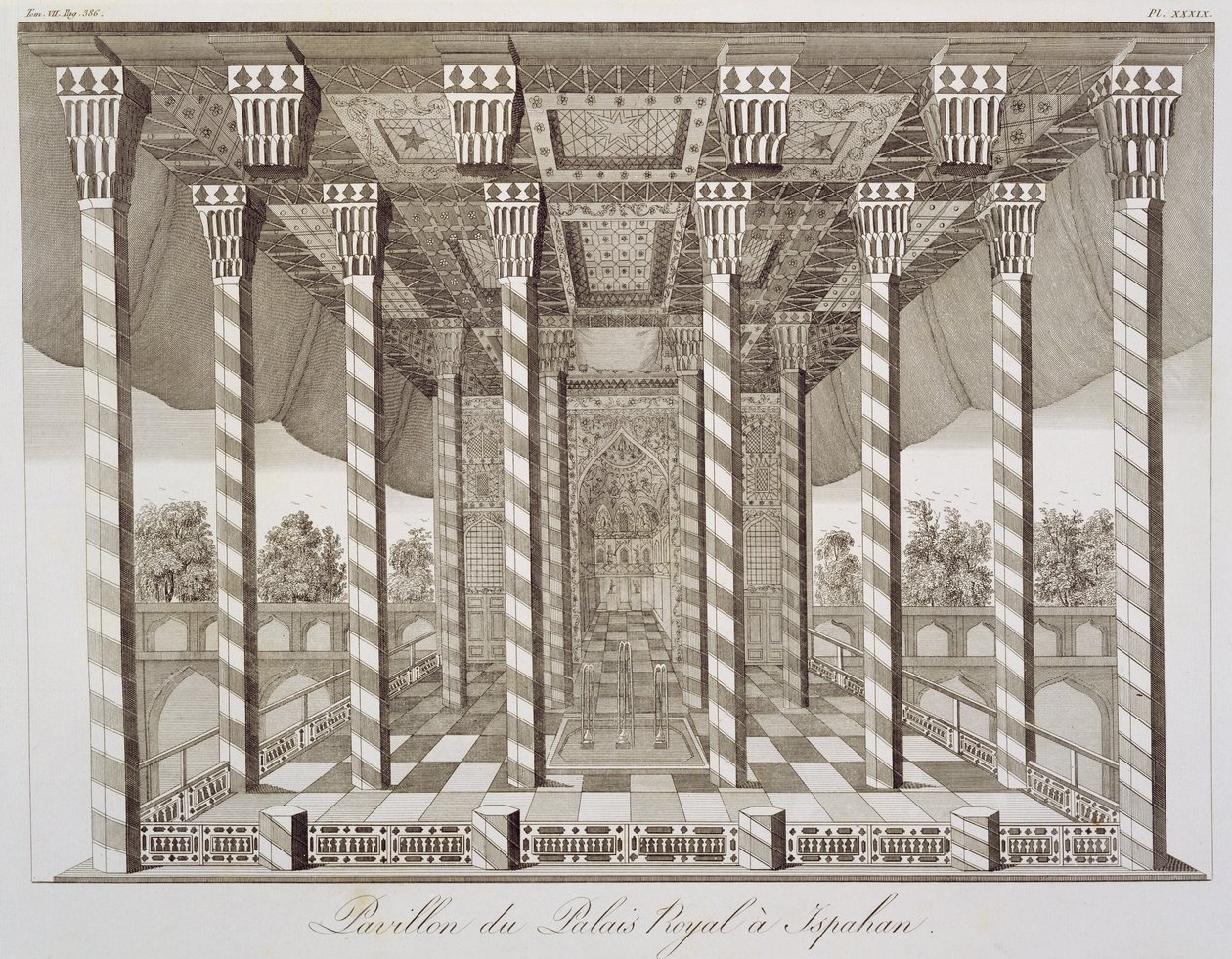 Paviljonki Isfahanin kuninkaallisessa palatsissa, Jean Chardinin (1643-1713) teoksesta Voyages du Chevalier Chardin en Perse, et autres Lieux d
