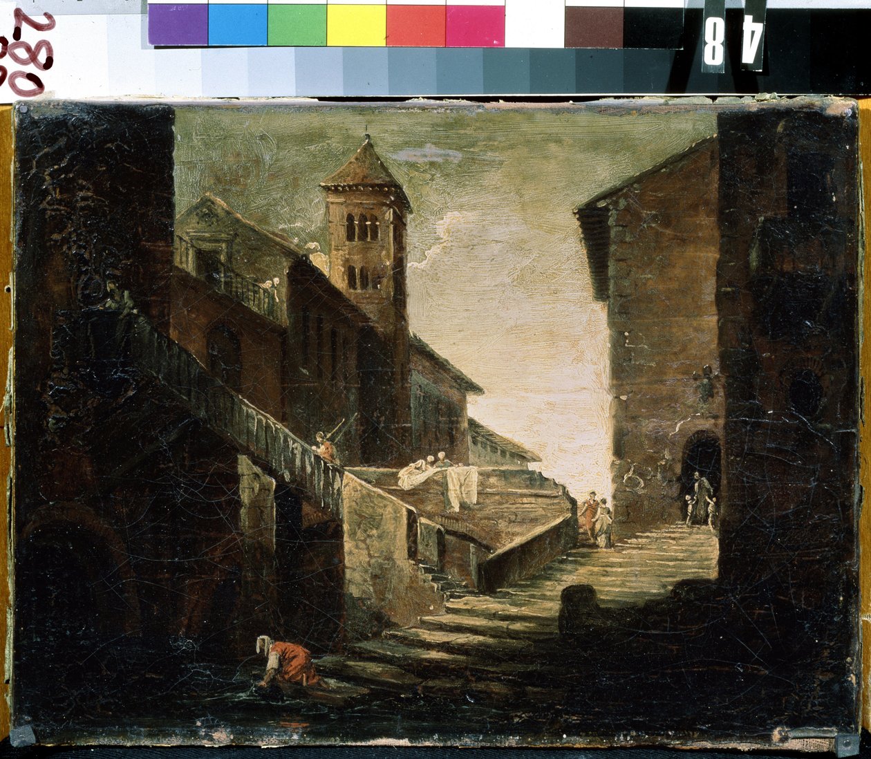 ""Maisema ranskalaisessa kylässä"" Silta ja joki suositulla alueella. Ranskan koulumaalaus. 1700-luvun alun Mikhail Kroshitskyn taidemuseo, Sevastopol (Sevastopol) Ukraina tekijältä French School