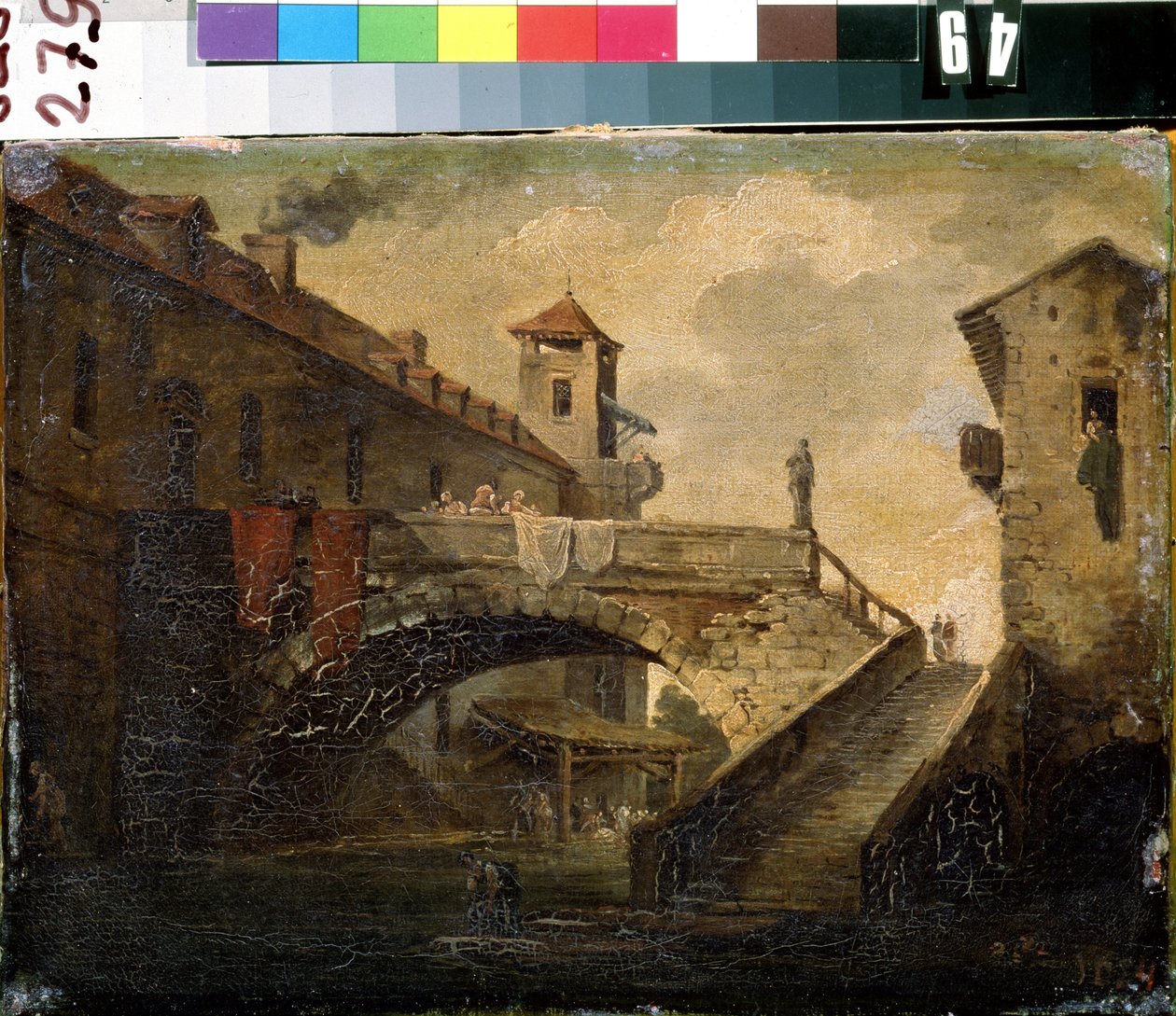 ""Maisema ranskalaisessa kylässä"" Silta ja joki suositulla alueella. Ranskan koulumaalaus. 1700-luvun alun Mikhail Kroshitskyn taidemuseo, Sevastopol (Sevastopol) Ukraina tekijältä French School