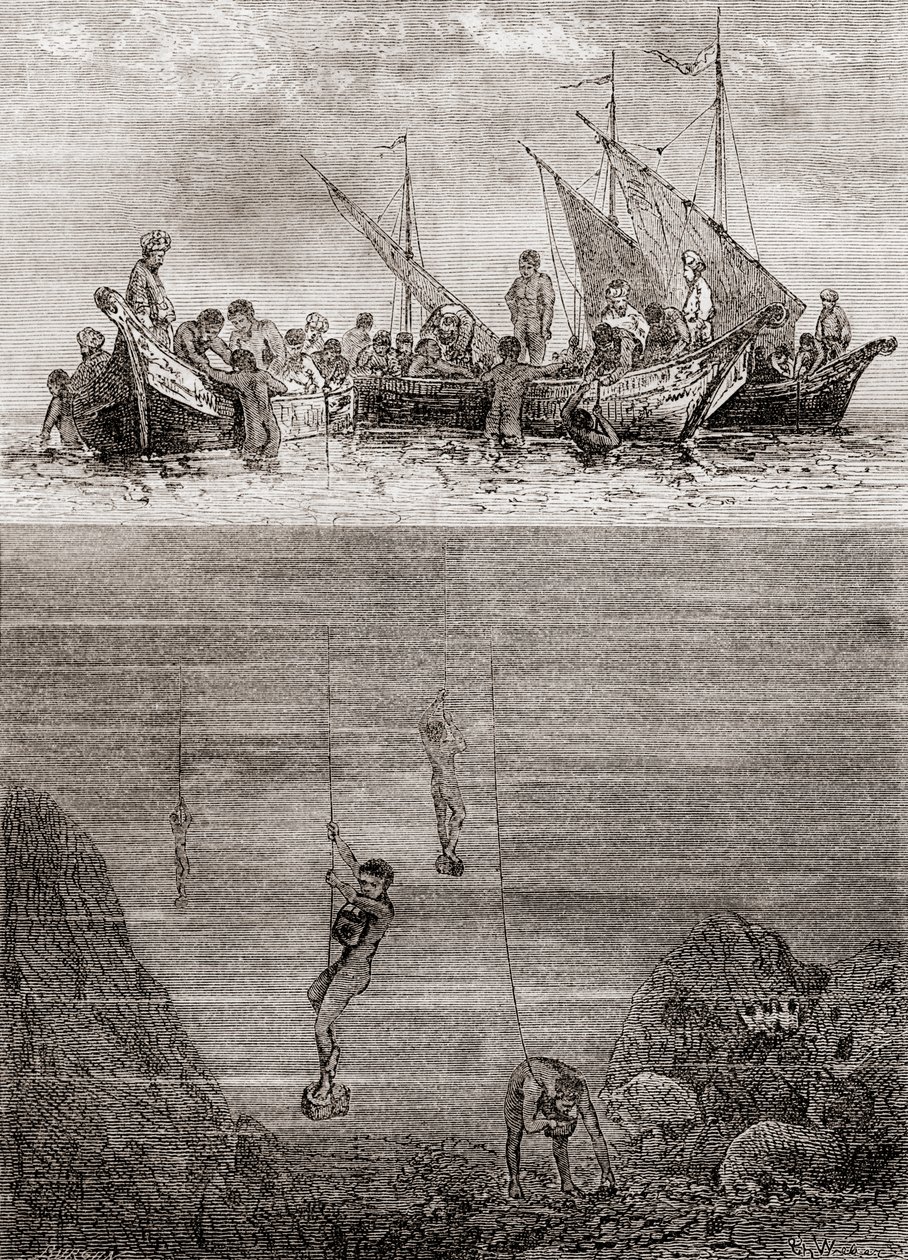 Helmesukeltajat Ceylonin saaren rannikolla 1700-luvulla, "Les Merveilles de la Science", julkaistu n. 1870 (kaiverrus) tekijältä French School