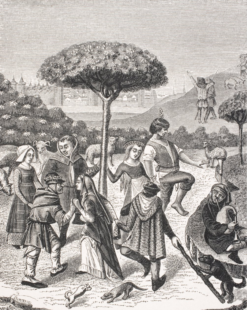 Toukokuun juhlien talonpoikaistanssit 1400-luvun rukouskirjan pienoismallin jälkeen Paul Lacroix
