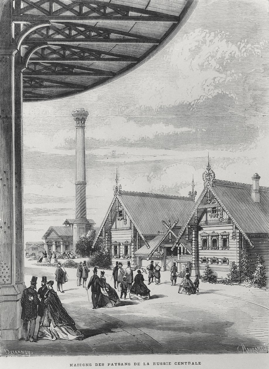 Talonpoikatalot Venäjän paviljongissa Exposition Universelle of 1867 -näyttelyssä (litho) tekijältä French School