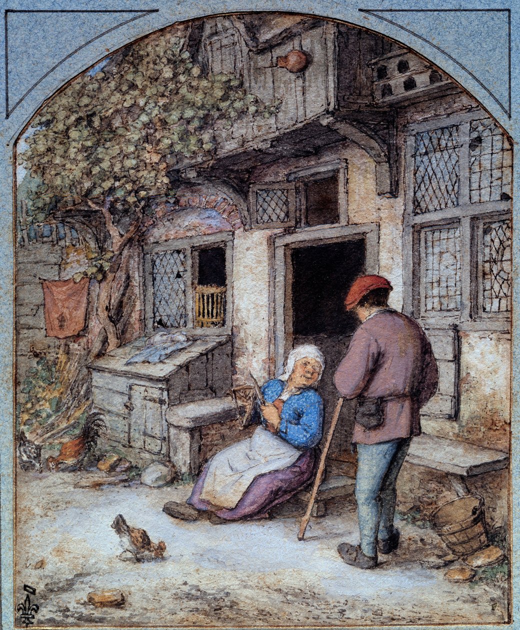 Talonpojat talonsa edessä Ranskalaisen koulun akvarelli. 1500-luvun Chantilly, Conde-museo tekijältä French School