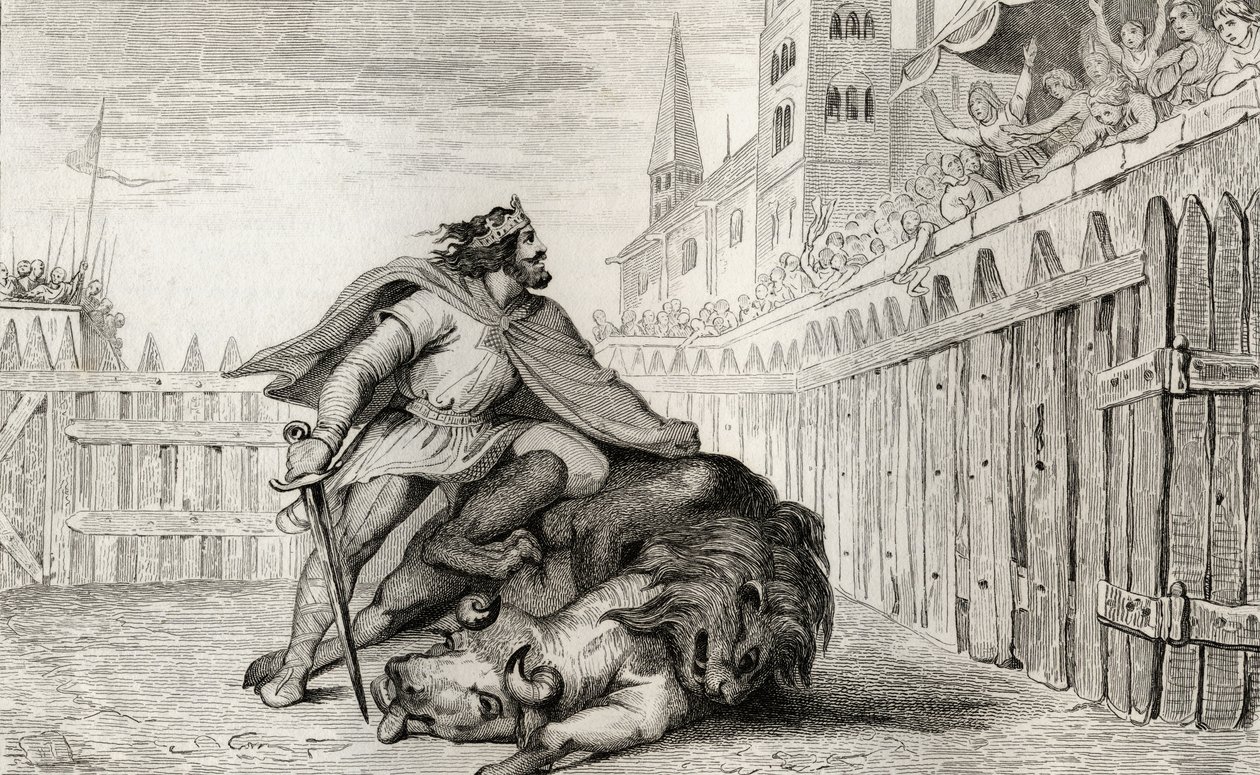 Pepin III (714-68) Lyhyt leijonan ja härän kanssa, Colartin "Histoire de France" -kirjasta, julkaistu noin 1840 tekijältä French School