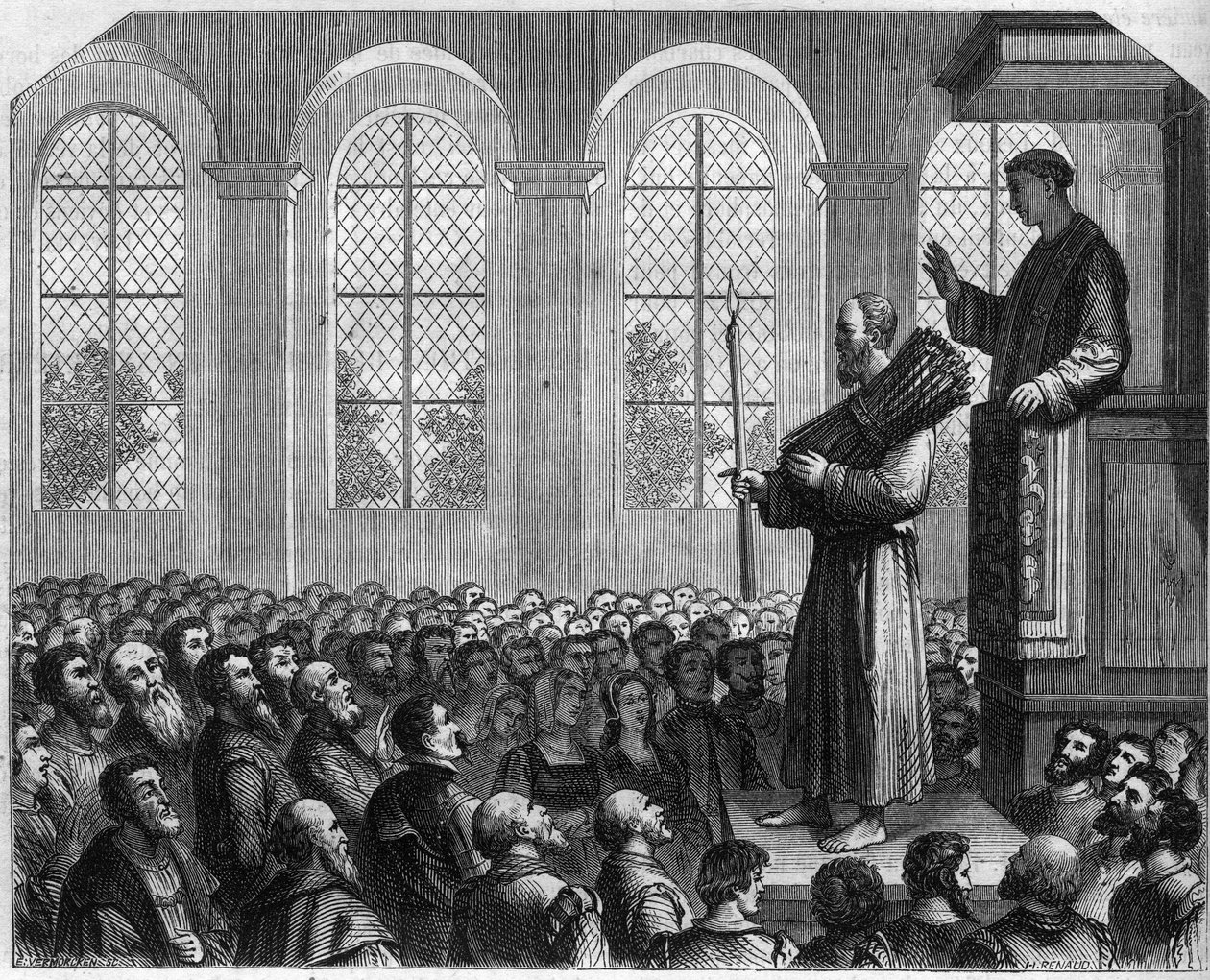 Protestanttien vainot Englannissa 1500-luvulla: James Bainhamin (Baynham) julkinen katumus Saint Paulissa. Harhaoppista syytettynä hänet tuomittiin seisomaan saarnatuolin edessä, pesi päässään häntä vastaan pidetyn saarnan aikana. tekijältä French School