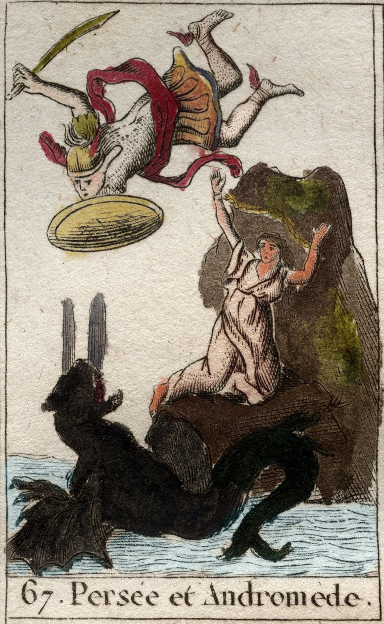 Persee-esitys pelastamaan Andromeden enchainee a un rock (Perseus pelastaa Andromeda kiven kiven) Pierre Blanchardin teoksesta "Mythologie de la jeunesse" 1803. tekijältä French School