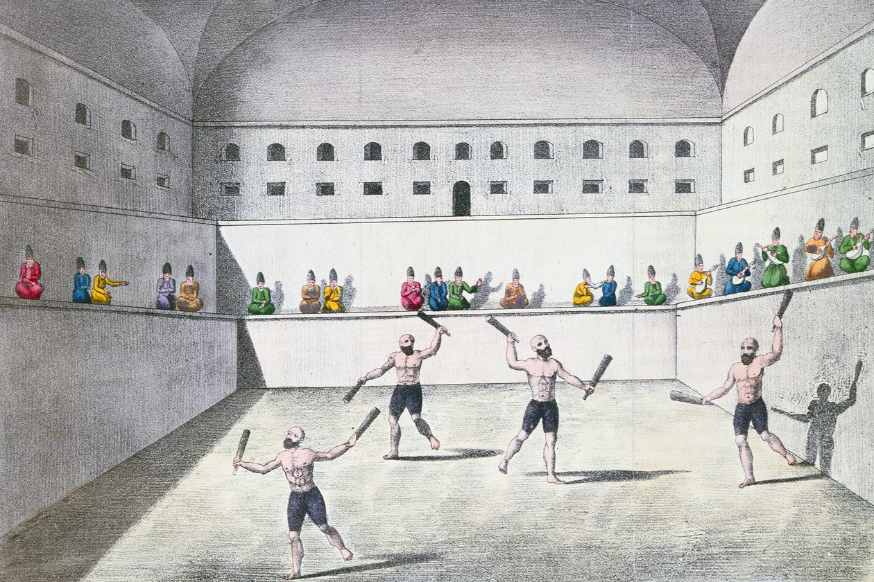Persialaiset urheilijat harjoittelevat kuntosalilla, n. 1820 (värikaiverrus) tekijältä French School