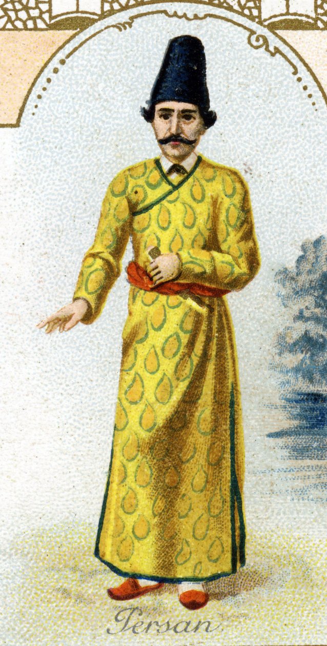 persialainen mies. Painos Pariisin litografia, 1800-luvun loppu. 25 mainoskromon sarja Dijonin keksien valmistukseen Pernot, luotu vuonna 1869. Yksityiskohta hahmoista perinteisissä puvuissa tekijältä French School