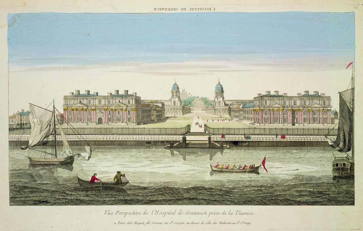 Perspektiivinäkymä Greenwichin sairaalasta Thames-joella, kaiverrus Huquier (värikaiverrus) tekijältä French School