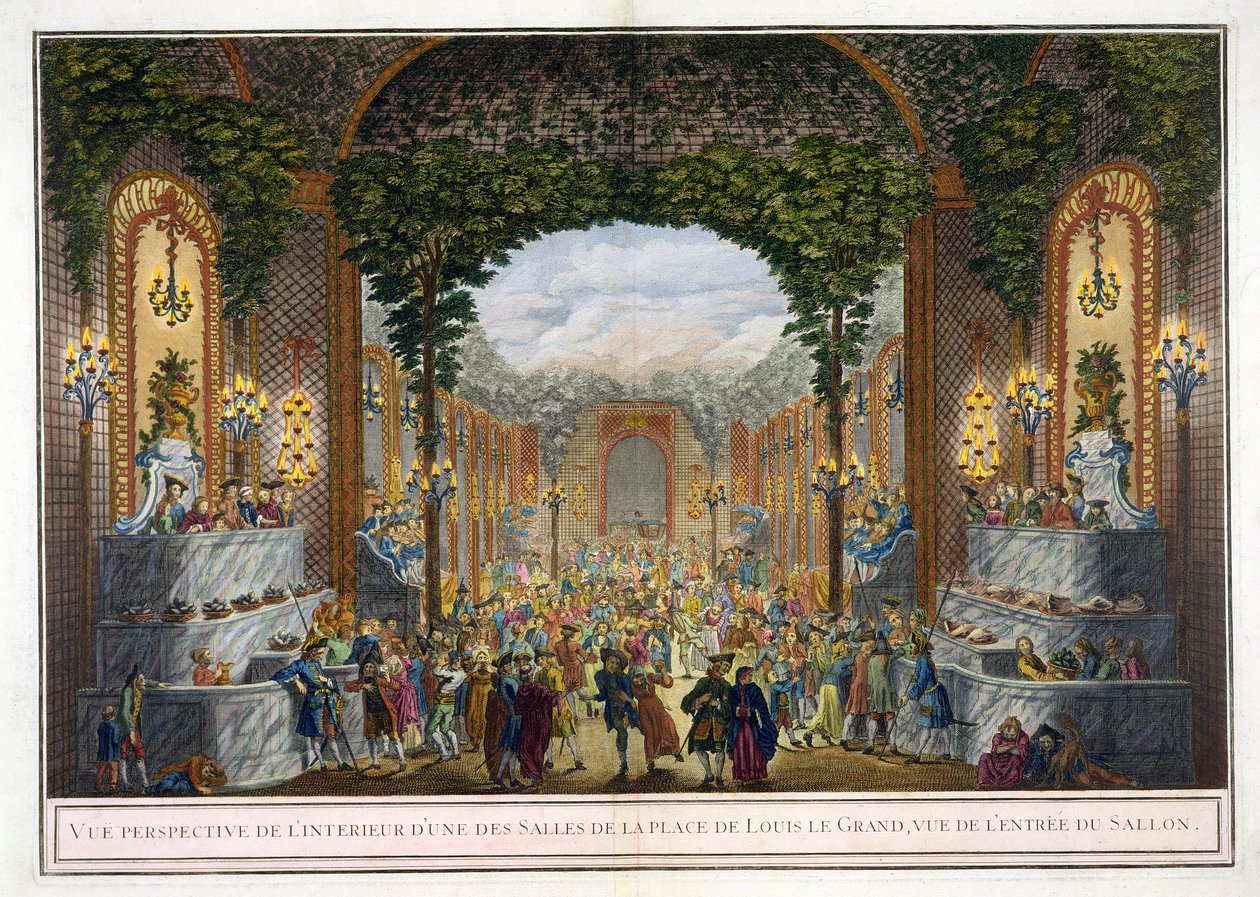 Perspektiivinäkymä yhden Place de Louis le Grandin huoneen sisätiloista, näkymä Salonin sisäänkäynnille (värikaiverrus) tekijältä French School