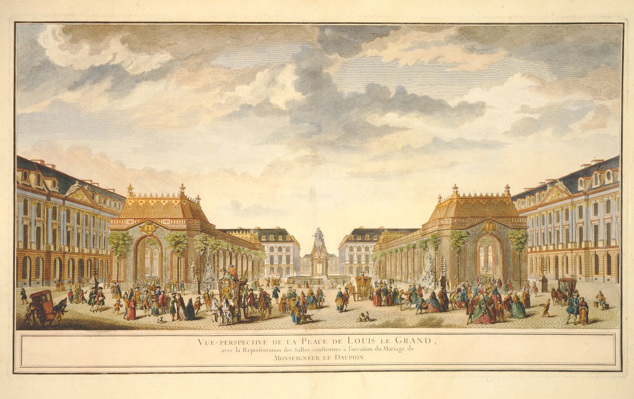 Perspektiivinäkymä Place de Louis le Grandille ja huoneet, jotka on rakennettu Monseigneur le Dauphinin hääjuhlaa varten (värikaiverrus) tekijältä French School