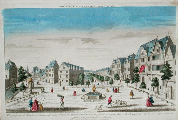Perspektiivinäkymä Rossmarktille, Frankfurt (värillinen kaiverrus) tekijältä French School