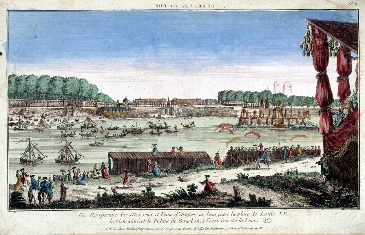 Perspektiivinäkymä juhliin, peleihin ja ilotulitteisiin vedessä Place Louis XV:n ja Palais Bourbonin välissä rauhan kunniaksi tekijältä French School