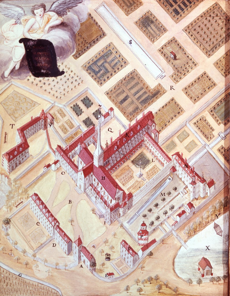 Perspektiivinäkymä Port Royal des Champsin (Port-Royal-des-Champs) luostarista linnuntietä. 1700-luvun guassipiirustus. Versaillesin museo tekijältä French School