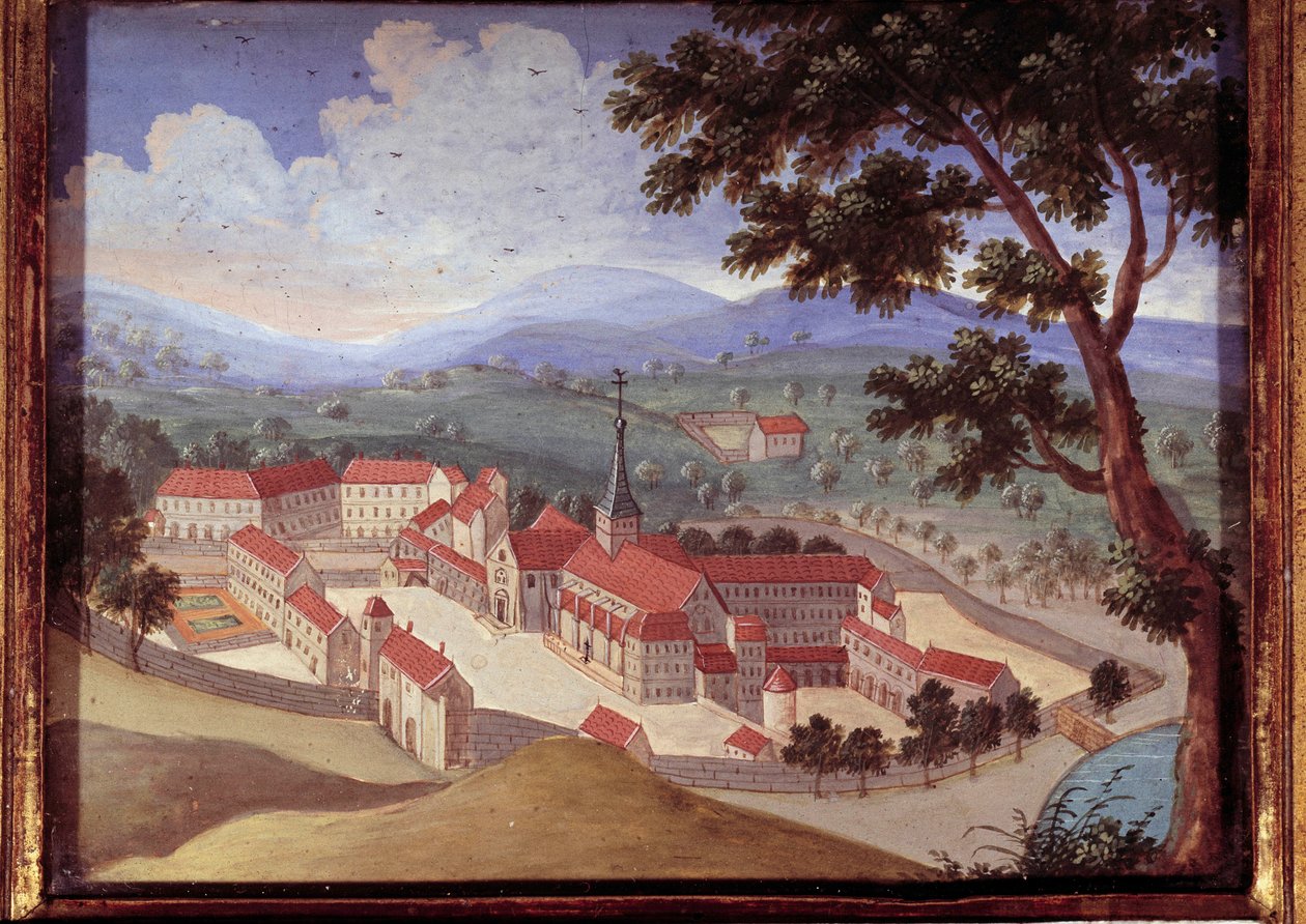 Perspektiivinäkymä Port royal des champsin luostarista. Näkymä Port-Royal-des-Champsin luostarille). Anonyymi maalaus 1700-luvulta. Port Royal, Musee Des Granges. tekijältä French School