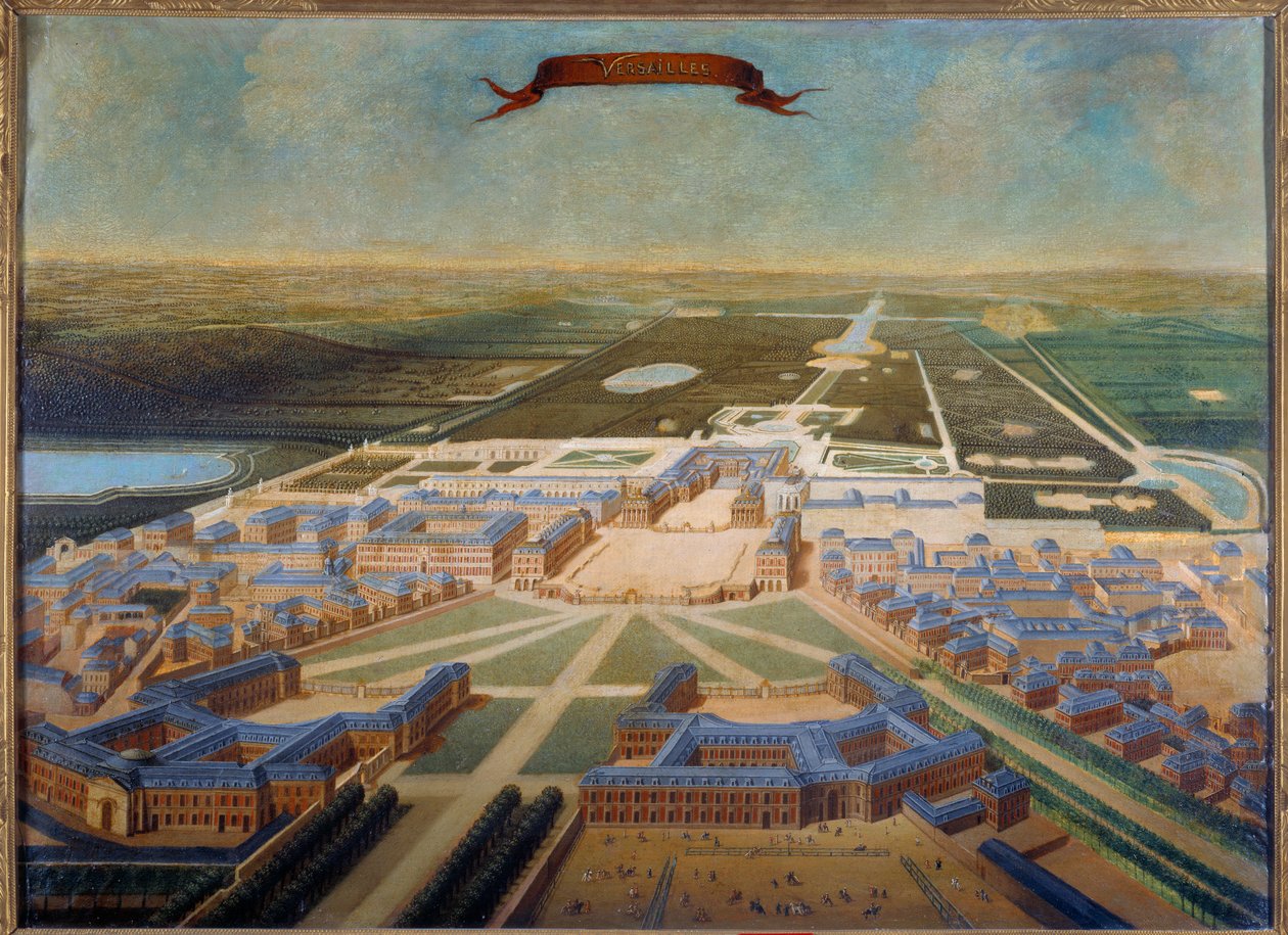 Perspektiivinäkymä linnan talliin ja Versaillesin puutarhoihin Ludvig XIV:n hallituskauden lopussa, noin 1710-1715. Ranskalaisen koulun maalaus tekijältä French School