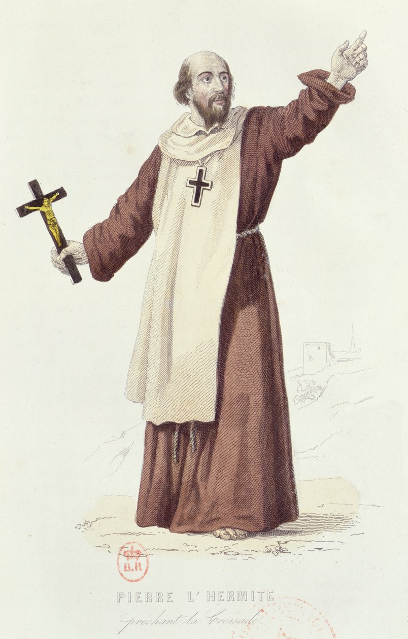 Pietari Erakko (n. 1050-1115) saarnaamassa ensimmäistä ristiretkeä vuonna 1095, n. 1840 (värikaiverrus) tekijältä French School