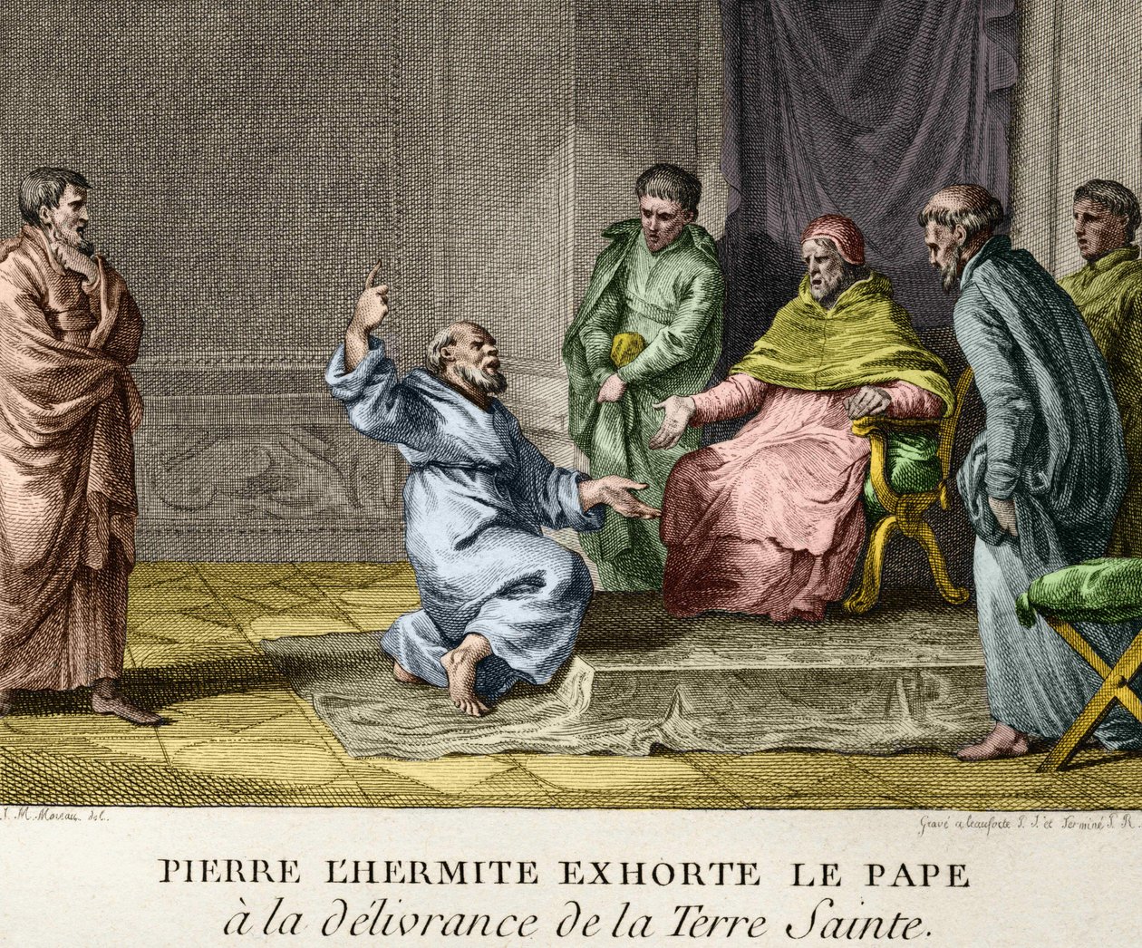 Pietari Erakko kehottaa paavi Urbanus II:ta vapauttamaan Pyhän maan vuonna 1093 (Pietari Erakko saarnaamaan ensimmäistä ristiretkeä) - Kaiverrus Ranskan historian hahmoista, sd. 1700-luvun lopulla tekijältä French School