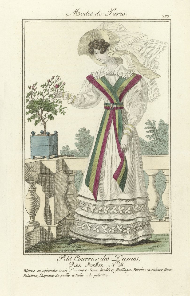 Petit Courrier des Dames, Rue Meslee nro 25, Modes de Paris, pub. 1824 (värinen kaiverrus) tekijältä French School