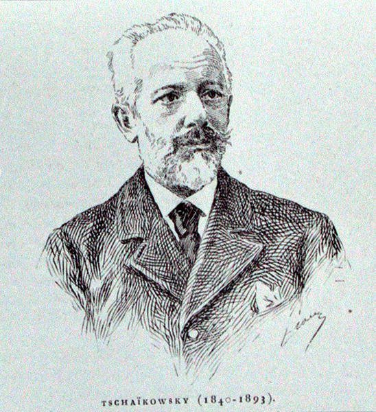 Petr Ilitsh Tchaikovski (1840-93), kuvitus Albert Soubiesin teoksesta "The History of Music in Russia", julkaistu Pariisissa tekijältä French School
