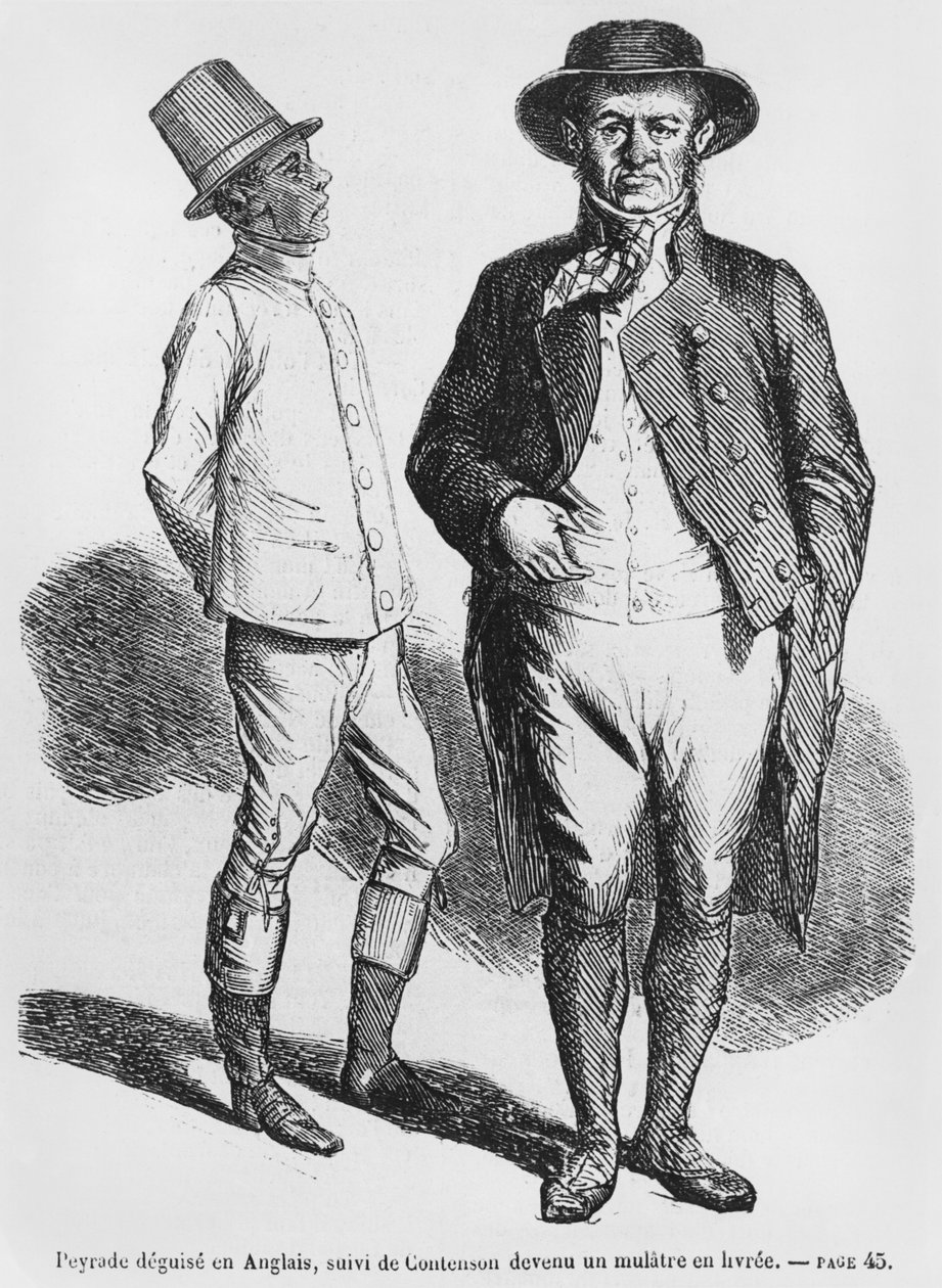 Peyrade naamioitunut englantilaiseksi mieheksi ja Contenson mulattipalvelijaksi, Honore de Balzacin kuvitus Splendeurs et Miseres des Courtisanesista, julkaistu 1867 tekijältä French School