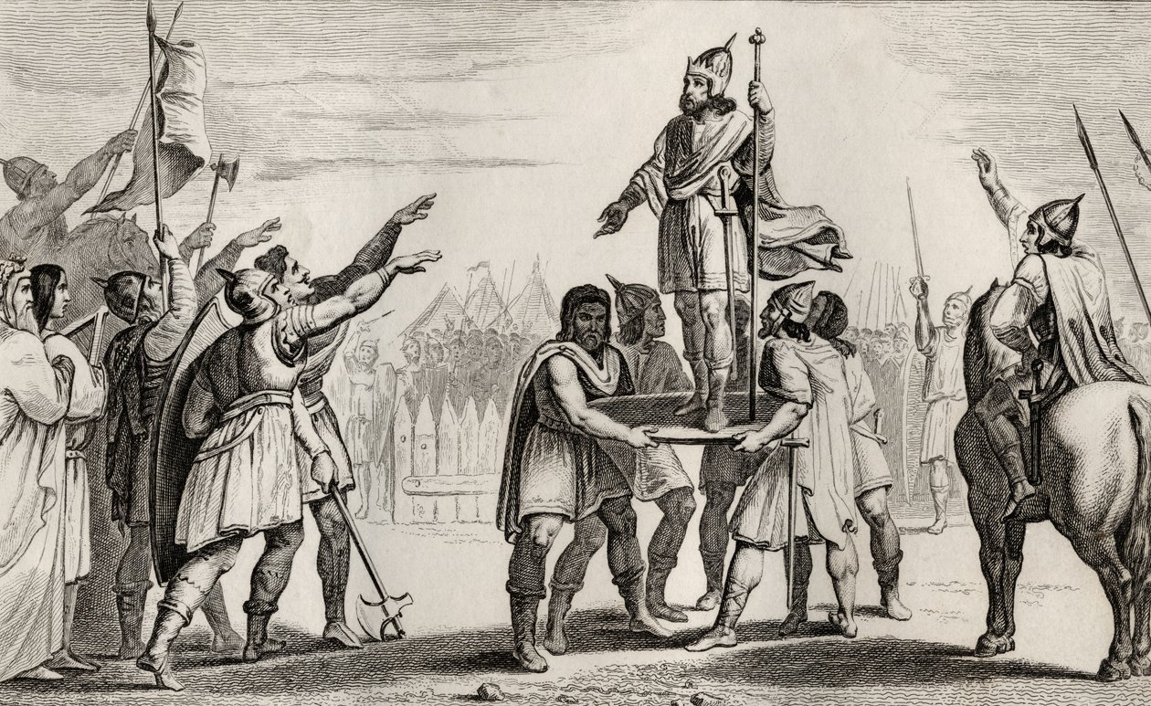 Pharamond, Ranskan legendaarinen kuningas, Colartin "Histoire de France" -teoksesta, julkaistu noin vuonna 1840. tekijältä French School