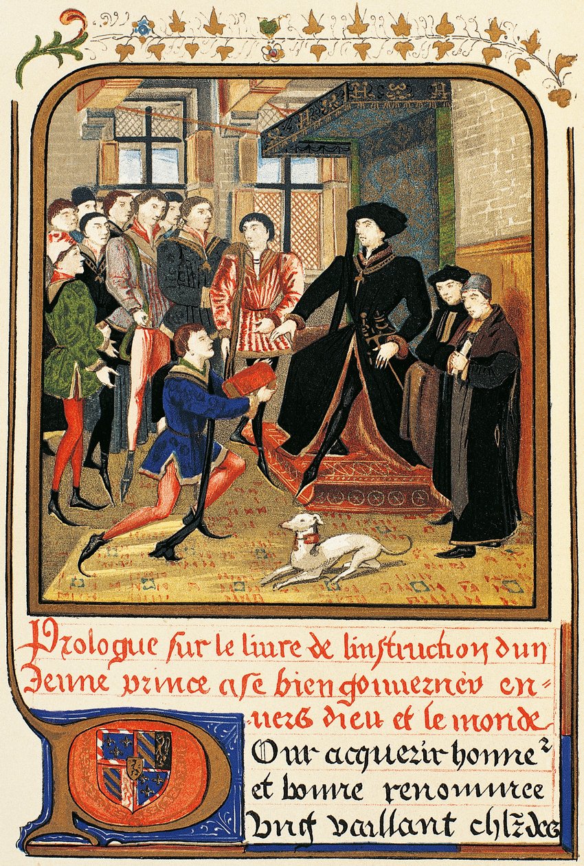 Philip Good (1396-1467) katoksen alla, etsaus kirjasta Instruction jeune prince, joka on julkaisussa Dictionary of Furniture and Decoration, Henry Havard, Volume II tekijältä French School