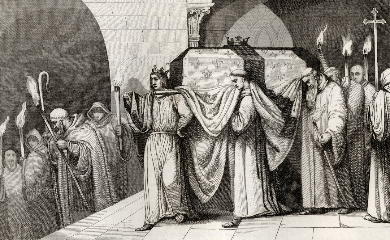 Philippe III (1245-85) rohkea auttaa kantamaan isänsä arkkua Colartin "Histoire de Francesta", julkaistu n. 1840 tekijältä French School