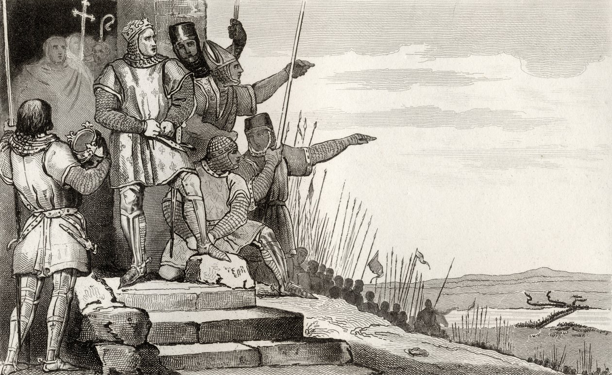 Philippe II Auguste (1165-1223) voittaa Bouvinesin taistelun rukouksen jälkeen, Colartin "Histoire de France" -teoksesta, julkaistu noin vuonna 1840. tekijältä French School