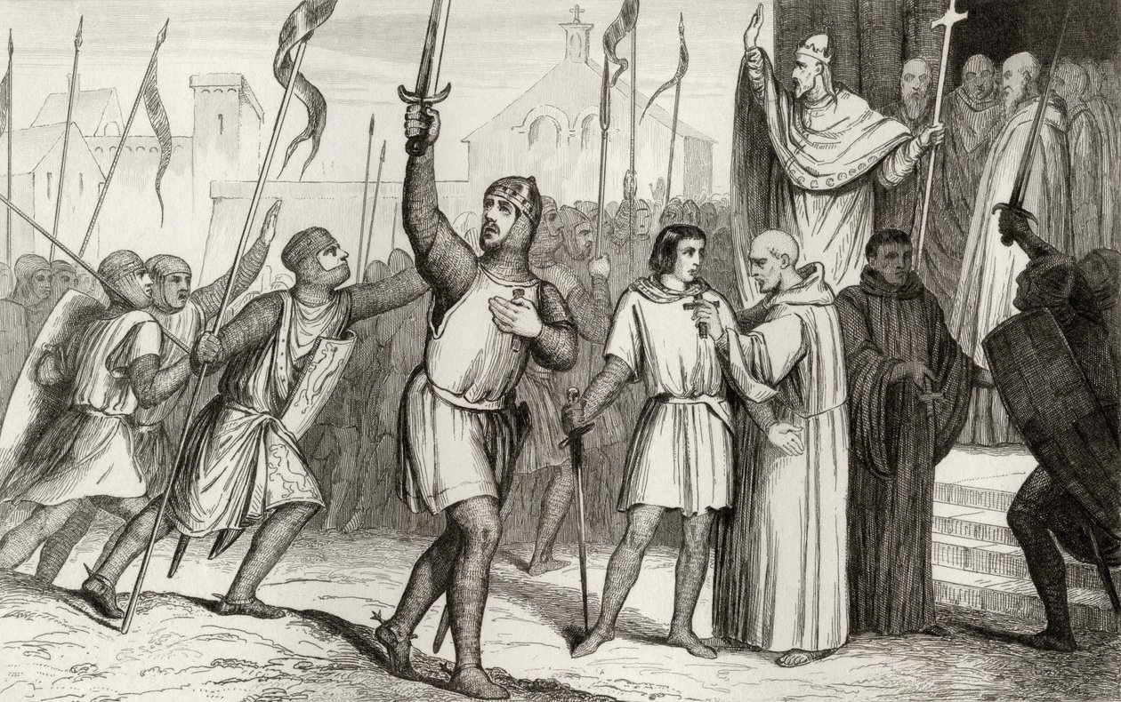 Philippe I (1052-1108) ja paavi Urbanus II (n. 1035-1099) kokosivat seuraajia ensimmäiselle ristiretkelle vuonna 1095 Colartin "Histoire de France" -teoksesta, julkaistu noin 1840 tekijältä French School