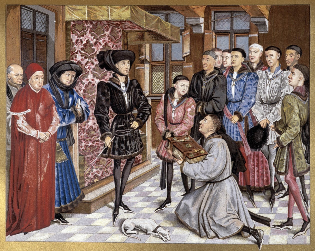 Philippe Le Bon ja Charles the Bold vastaanottavat kirjan omistuksen tekijältä French School