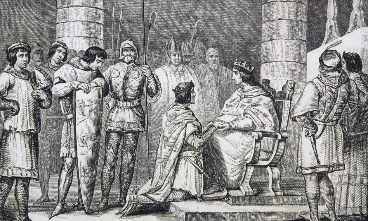 Philippe VI (1293-1350) de Valois osoittaa kunnioitusta Englannin Edward III:lle (1312-77), mutta vain Akvitanian herttuana Colartin teoksesta "Histoire de France", julkaistu noin 1840. tekijältä French School