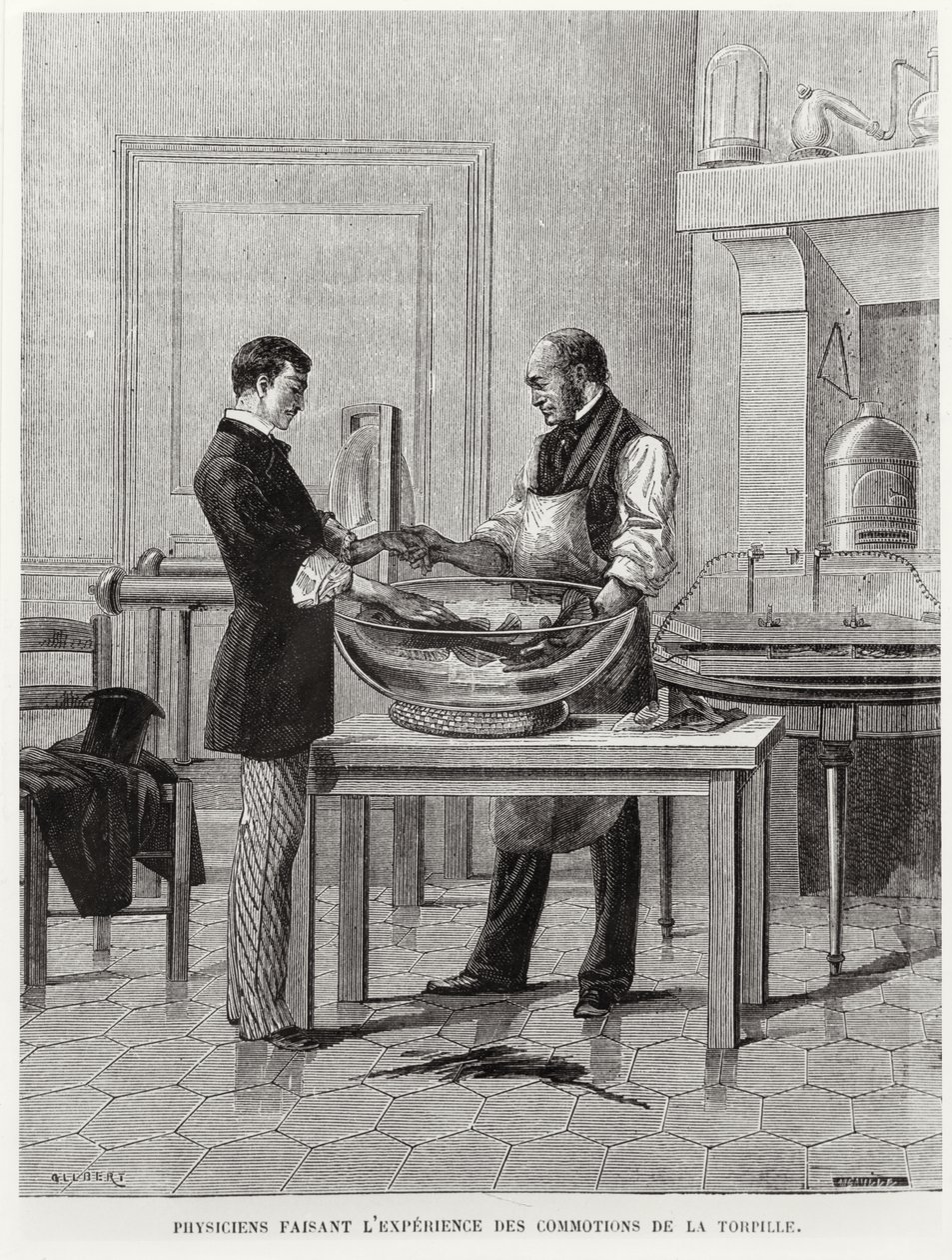 Fyysikot kokeilemassa torpedoa, 1800-luvun toinen puoli (kaiverrus) (m/v kuva) tekijältä French School