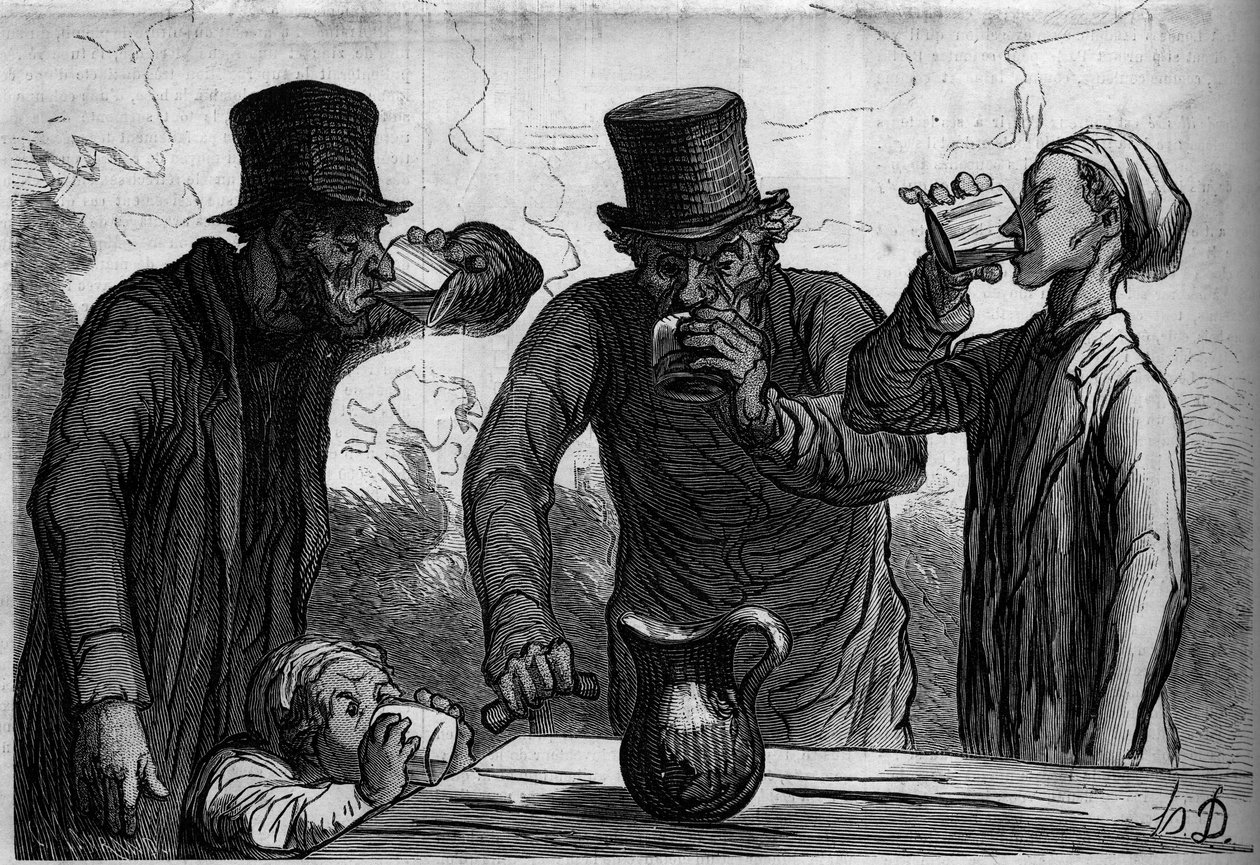 Juoman fysiologia: neljä ikää. Sarjakuva Honore Daumier (1808-1879). Kaiverrus "" Le Monde Illustré" -julkaisussa nro 289, 25. lokakuuta tekijältä French School