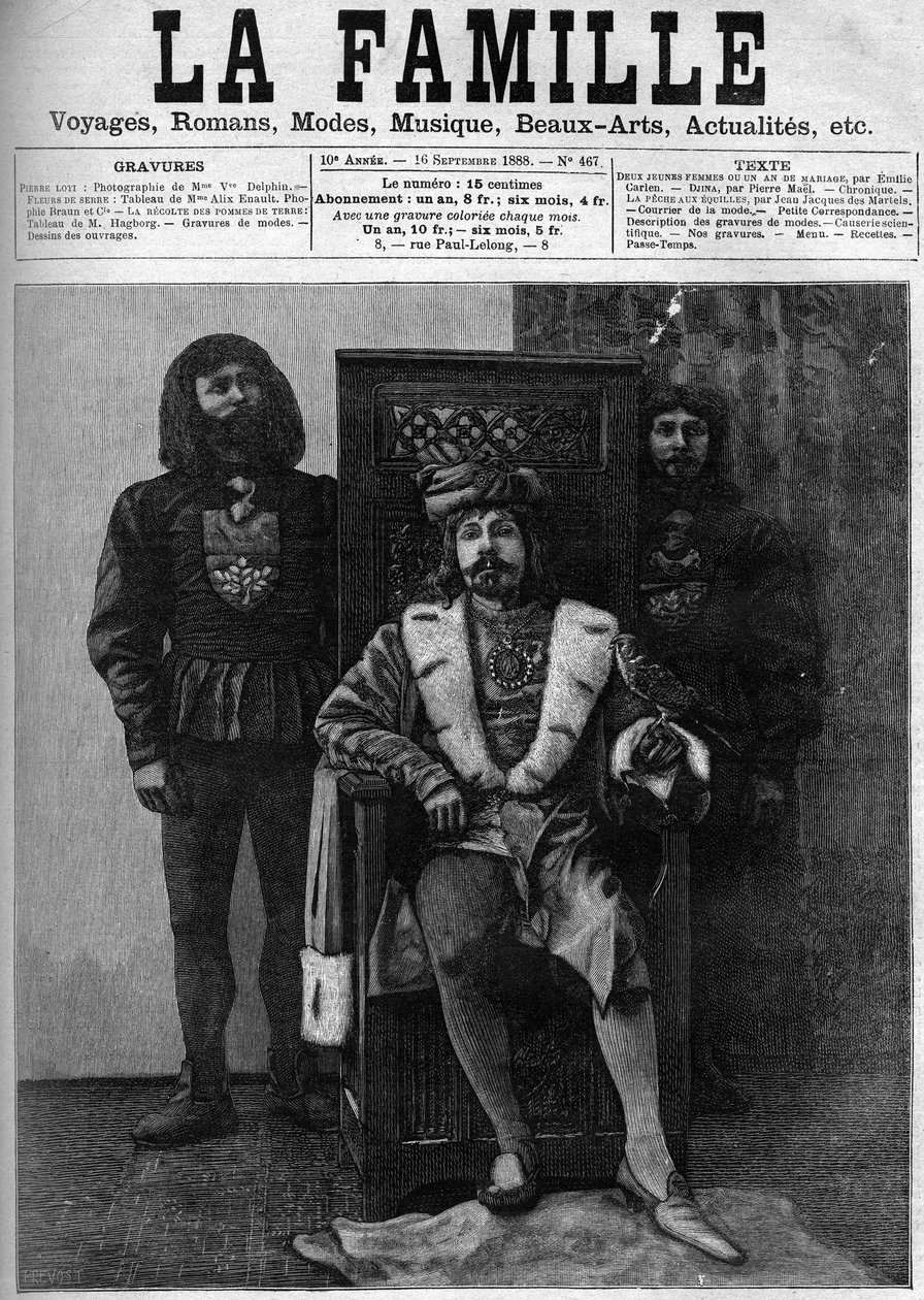 Pierre Loti Louis XI -asussa vastaanottamassa vieraitaan linnassaan juhlien aikana Ludvig XI:n aikaisessa sisustuksessa. "" The Family" -kansi vuodelta 1888. tekijältä French School