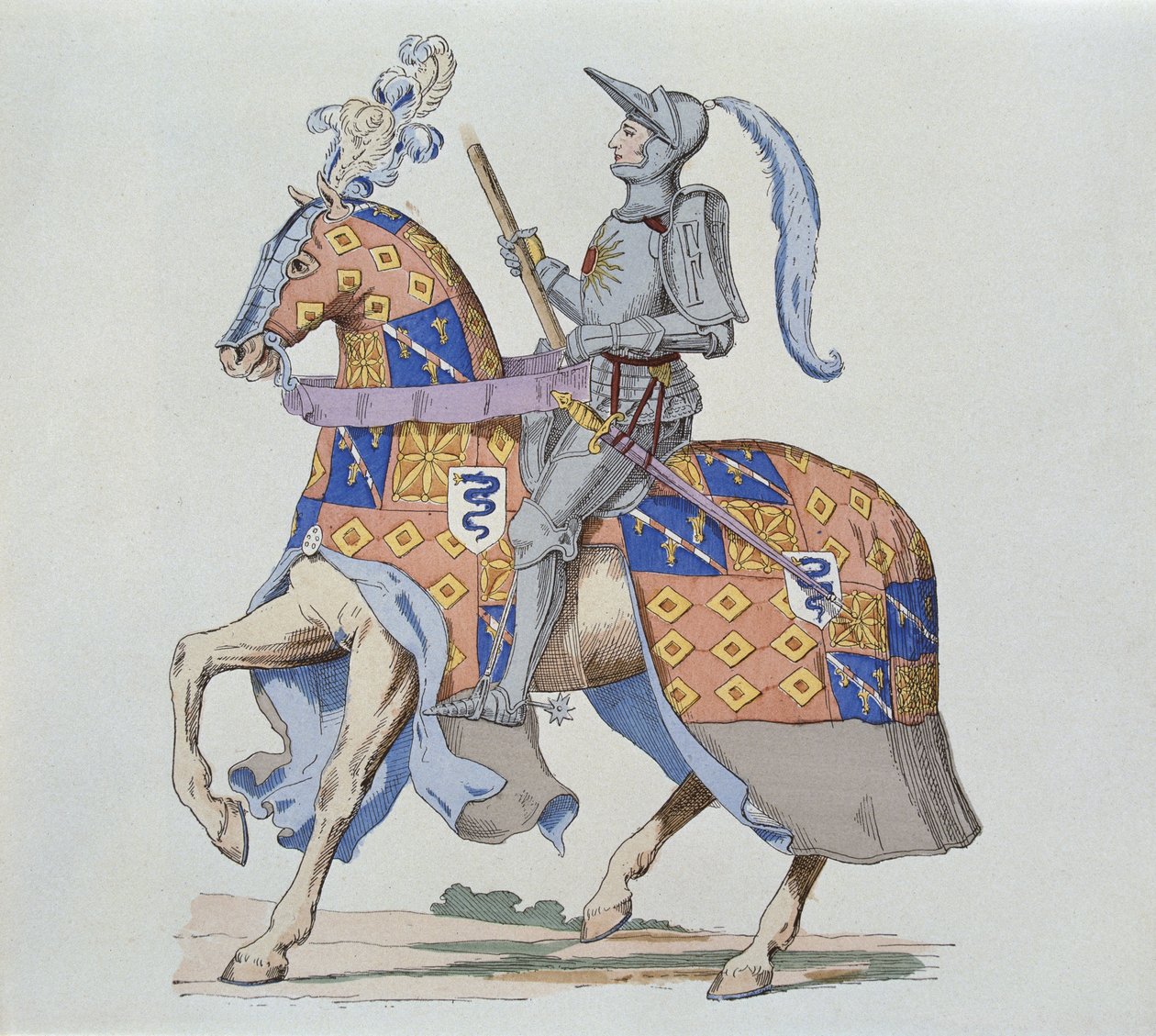 Pierre de Rohan, Sire de Gie, hevosen selässä vuonna 1475, kaivertanut Gautier tekijältä French School