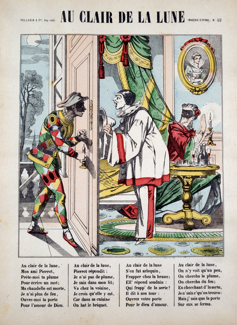 Pierrot, Harlequin ja naapuri, sairas. kappaleesta "Au clair de la lune", kuva Epinalista tekijältä French School