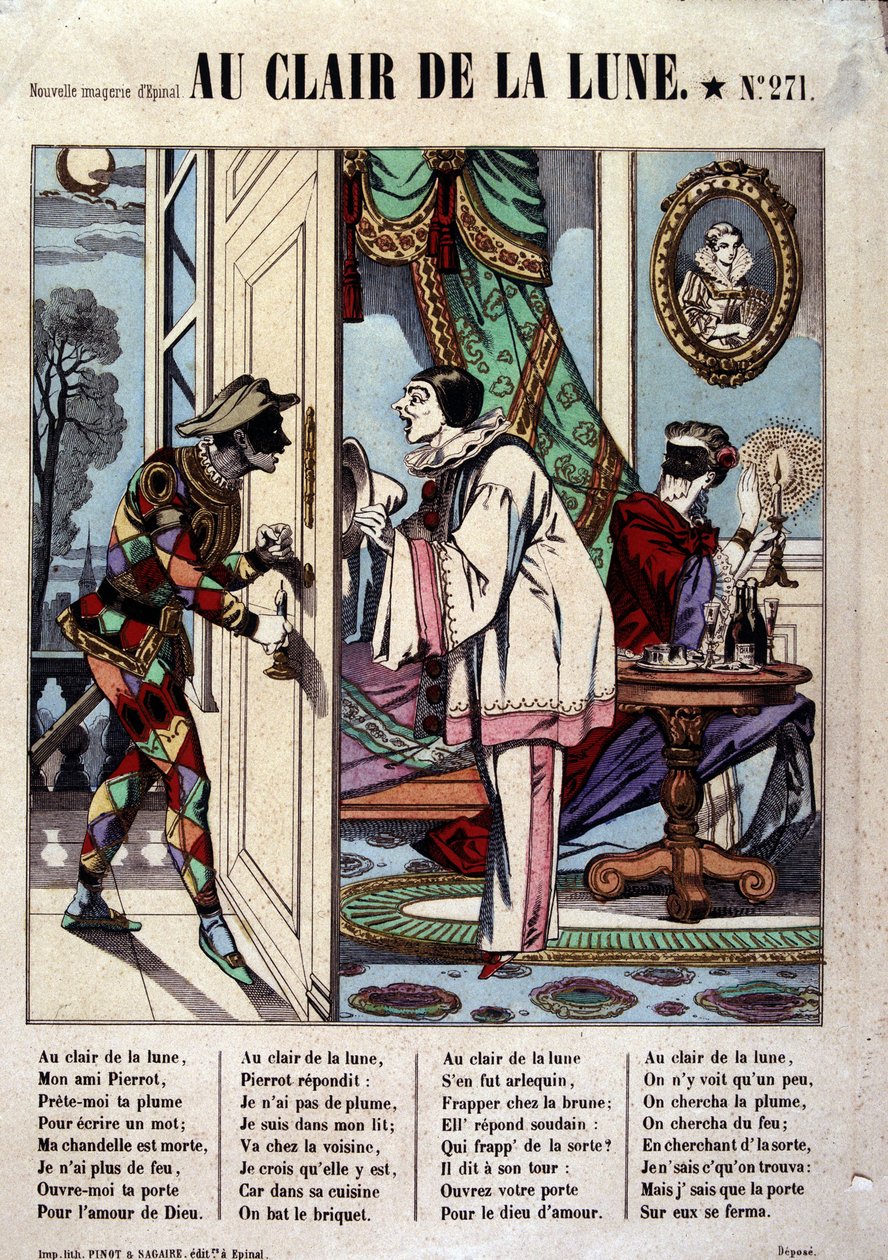 Pierrot, Harlequin ja naapuri, sairas. kappaleesta "Au clair de la lune", kuva Epinalista tekijältä French School