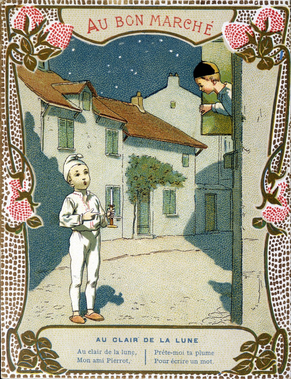 Pierrot kynttilän kanssa, "" Au clair de la lune"" - "Le Bon Marchén" etiketti" tekijältä French School