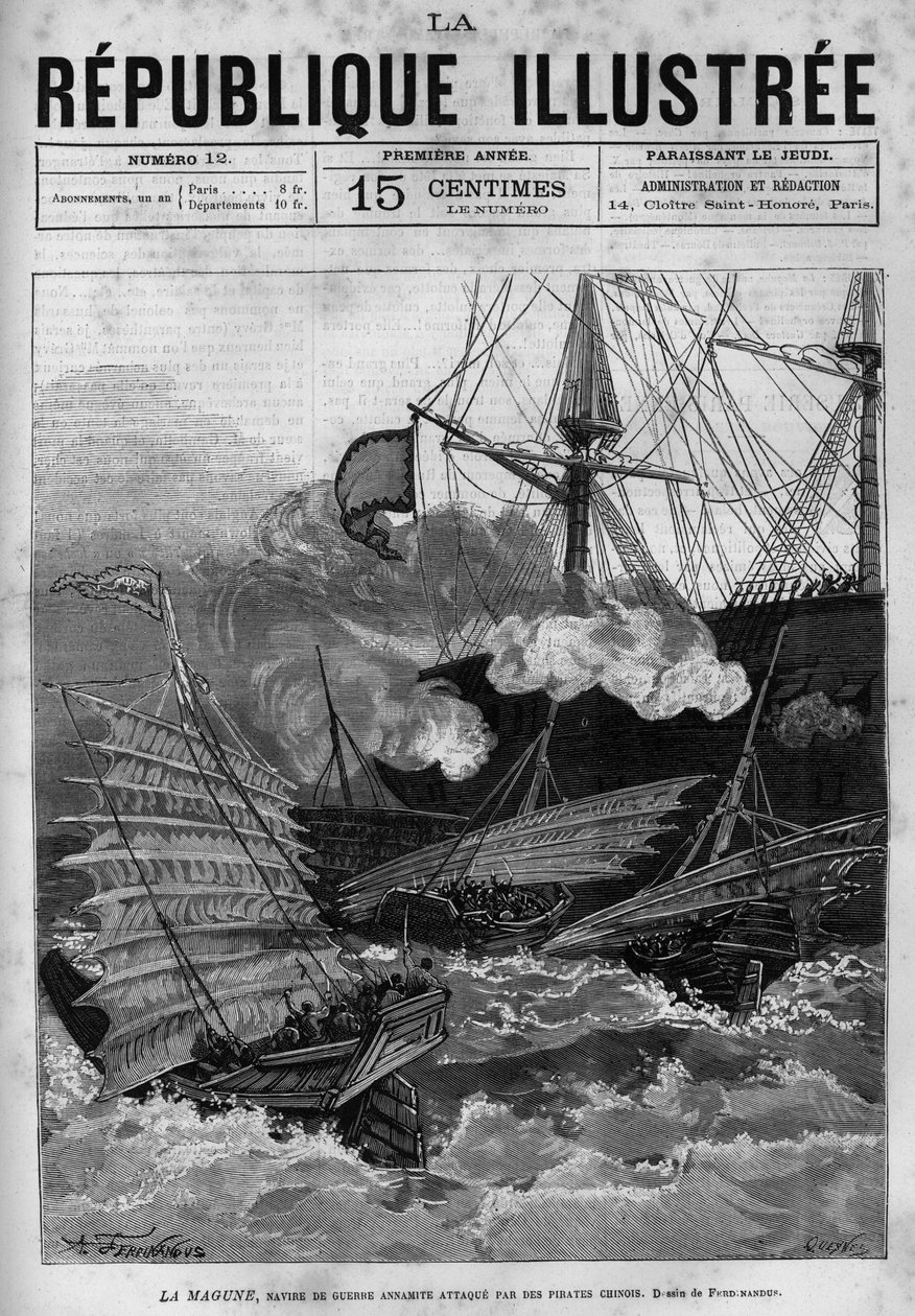 Piratismi: Annamiten sotalaiva "" La Magune"" joutui kiinalaisten merirosvojen kimppuun. Sanomalehti. Kaiverrus vuodelta 1880 ”La republique illustree”” yksityiskokoelmassa. tekijältä French School