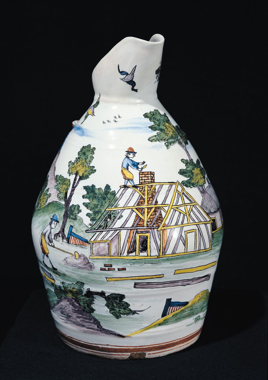 Kannu, joka kuvaa rakennuksen rakentamista, Sinceny, n. 1740-1750 (fajanssi) tekijältä French School