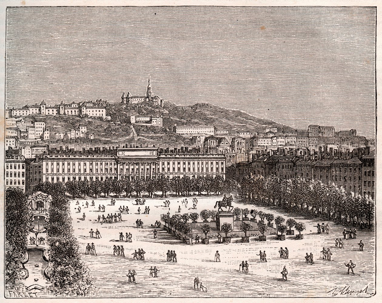 Place Bellecour tai Place Louis-le-Grand - Lyonin suurin aukio - kaiverrus "La France illustrée: maantiede, historia, tilastohallinto" V.-A. Maltaanruskea. 1884 tekijältä French School