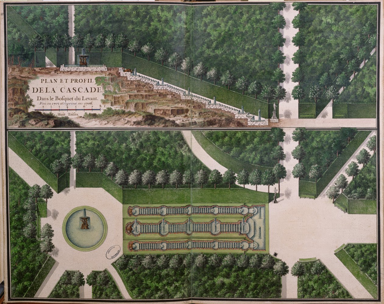 Suunnitelma ja poikkileikkaus kaskadista Levantin lehdossa, Gardens at Marlysta, 1700-luvun alussa (wc paperilla) (katso myös 174228) tekijältä French School